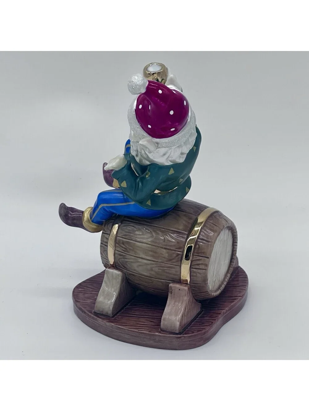 Santa’s Elf on Whiskey Barrel Glazed Porcelain 24K Gold Trim Figurine by O’Well